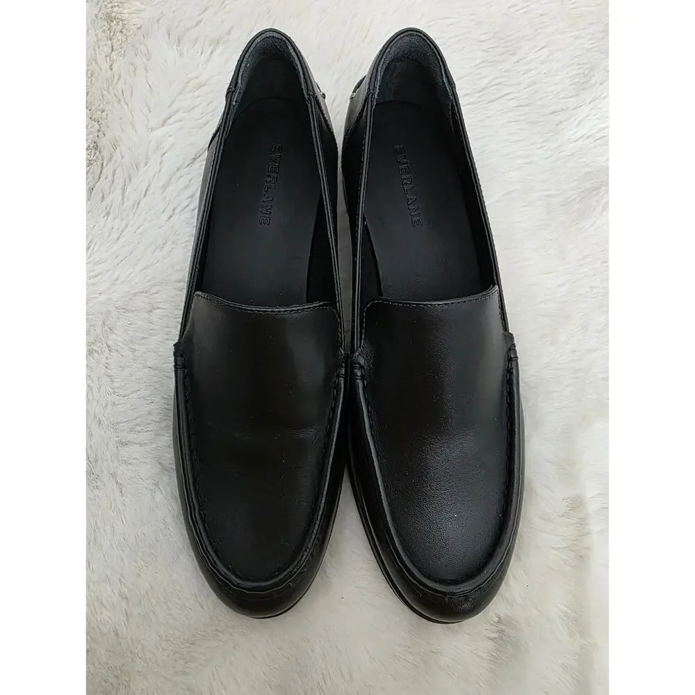 Everlane The Modern Classic Black Leather Slip On Loafers Stacked Heel Size 7.5
